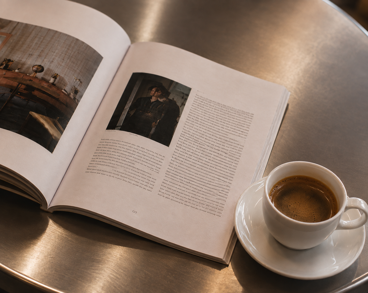 Open magazine with text and photos on a brushed metal table, next to a white espresso cup and saucer with coffee.