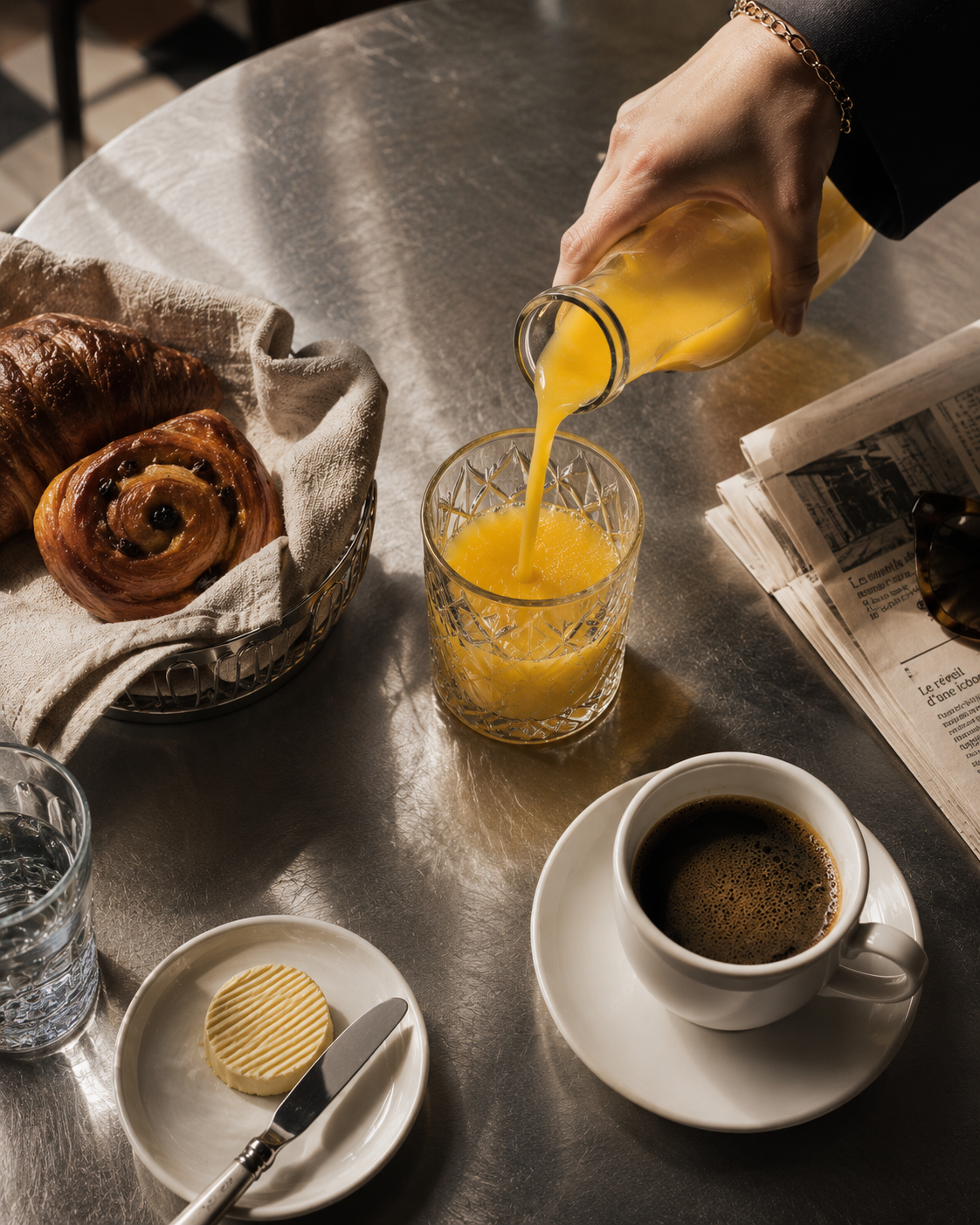 Hand pouring orange juice into a crystal glass on a metal café table with croissants, black coffee, butter, water and a newspaper.