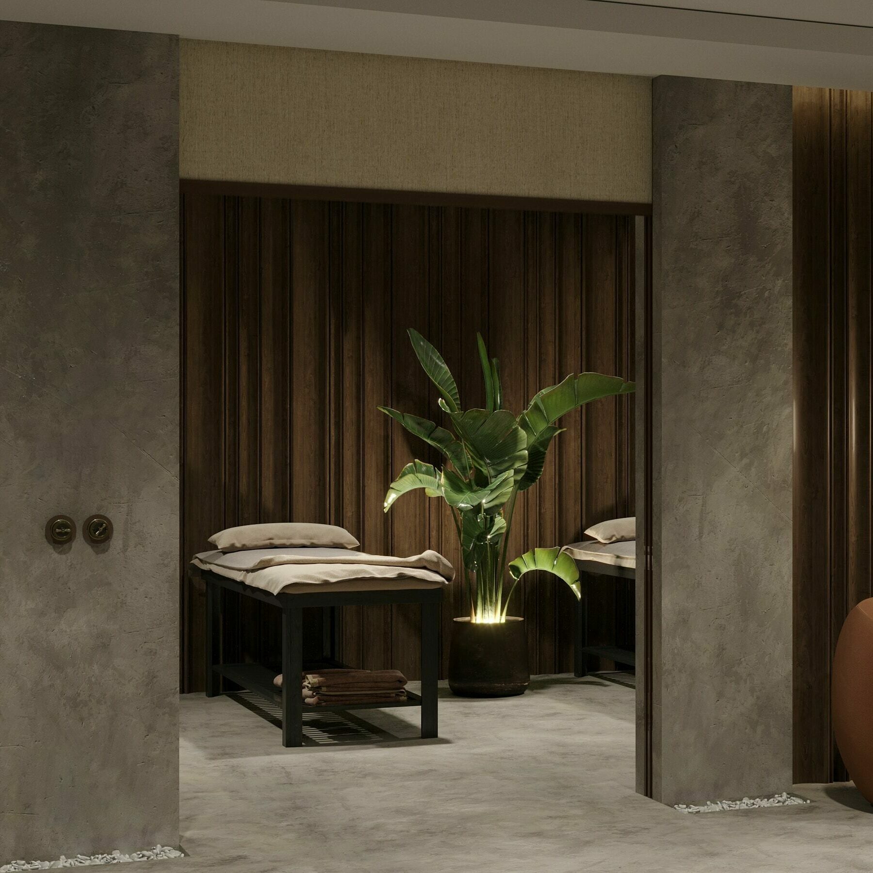 An interior view of a luxury spa with armchairs, foliage and spa table.