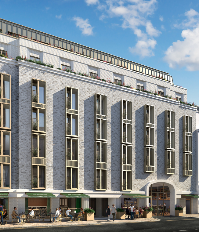 Sharp crisp looking building exterior in light grey stone and gold