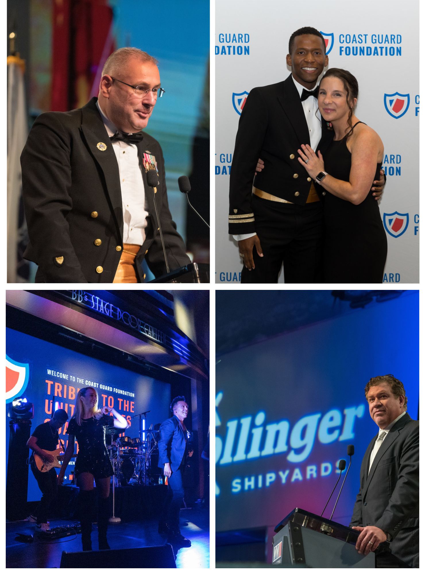 4 pictures including a Coast Guard member at a podium, a Coast Guard couple, a man at the podium, and a band onstage
