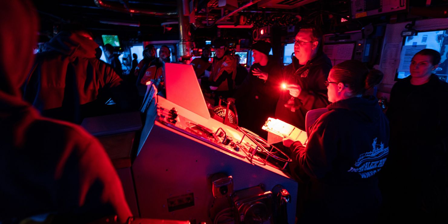 Ship interior at night
