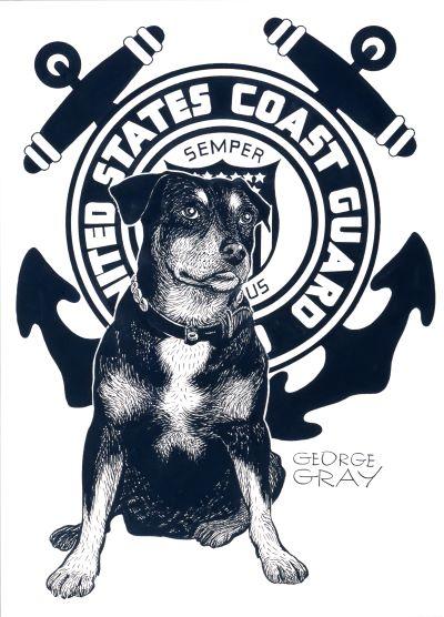 A dog in front of the Coast Guard Shield.
