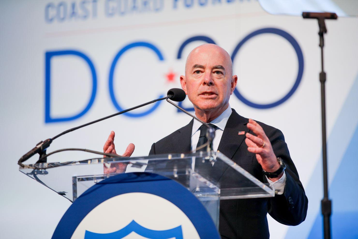 DHS Secretary Mayorkas speaks at a podium