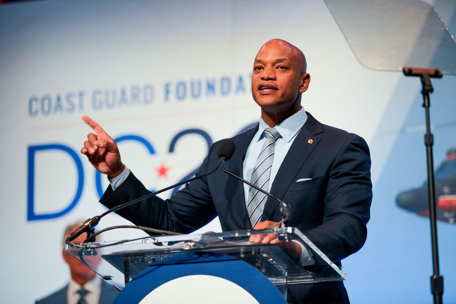 Governor Wes Moore speaks at a podium.