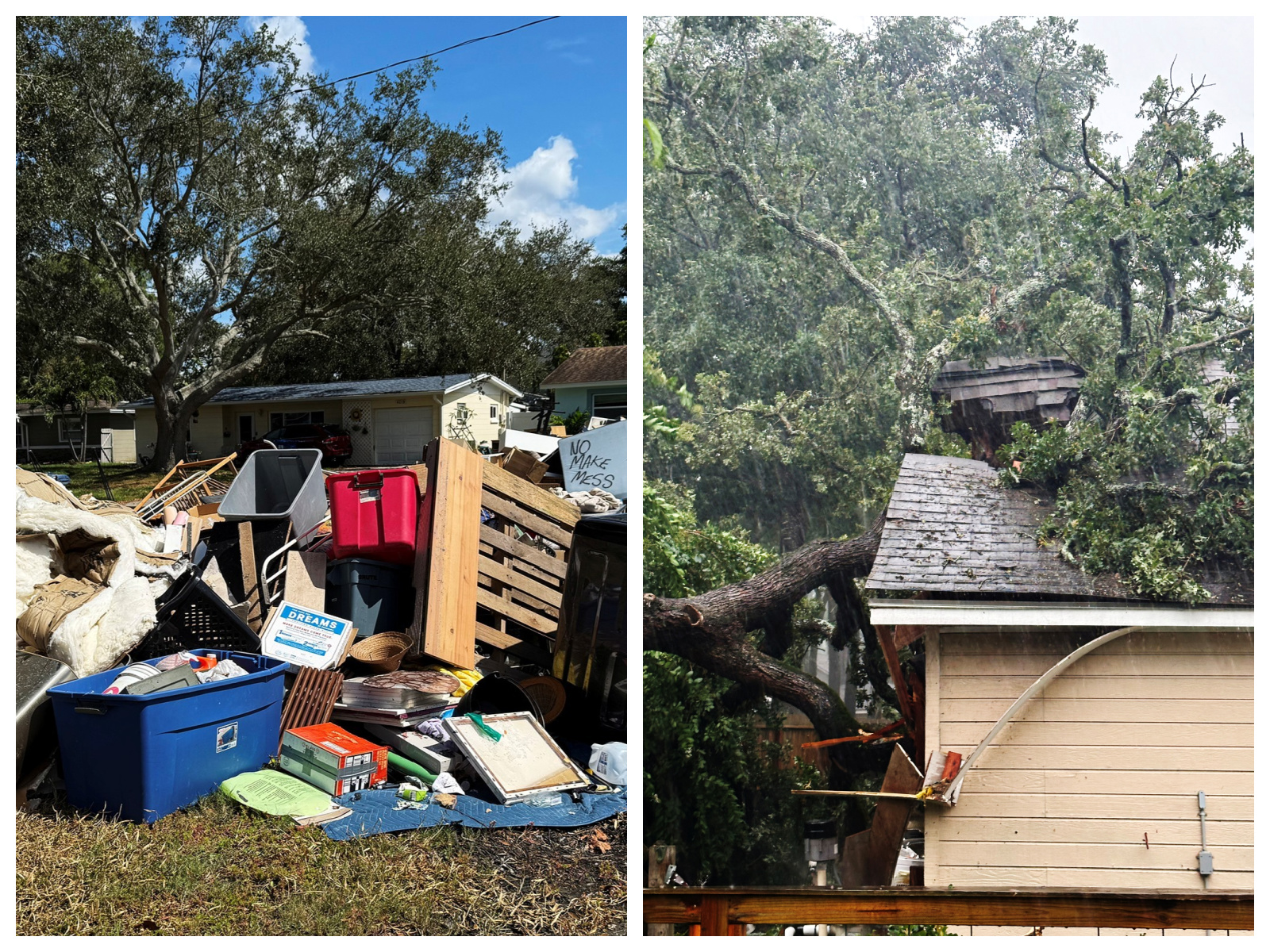 storm damage including flooded belongings on a lawn and a tree-damaged room