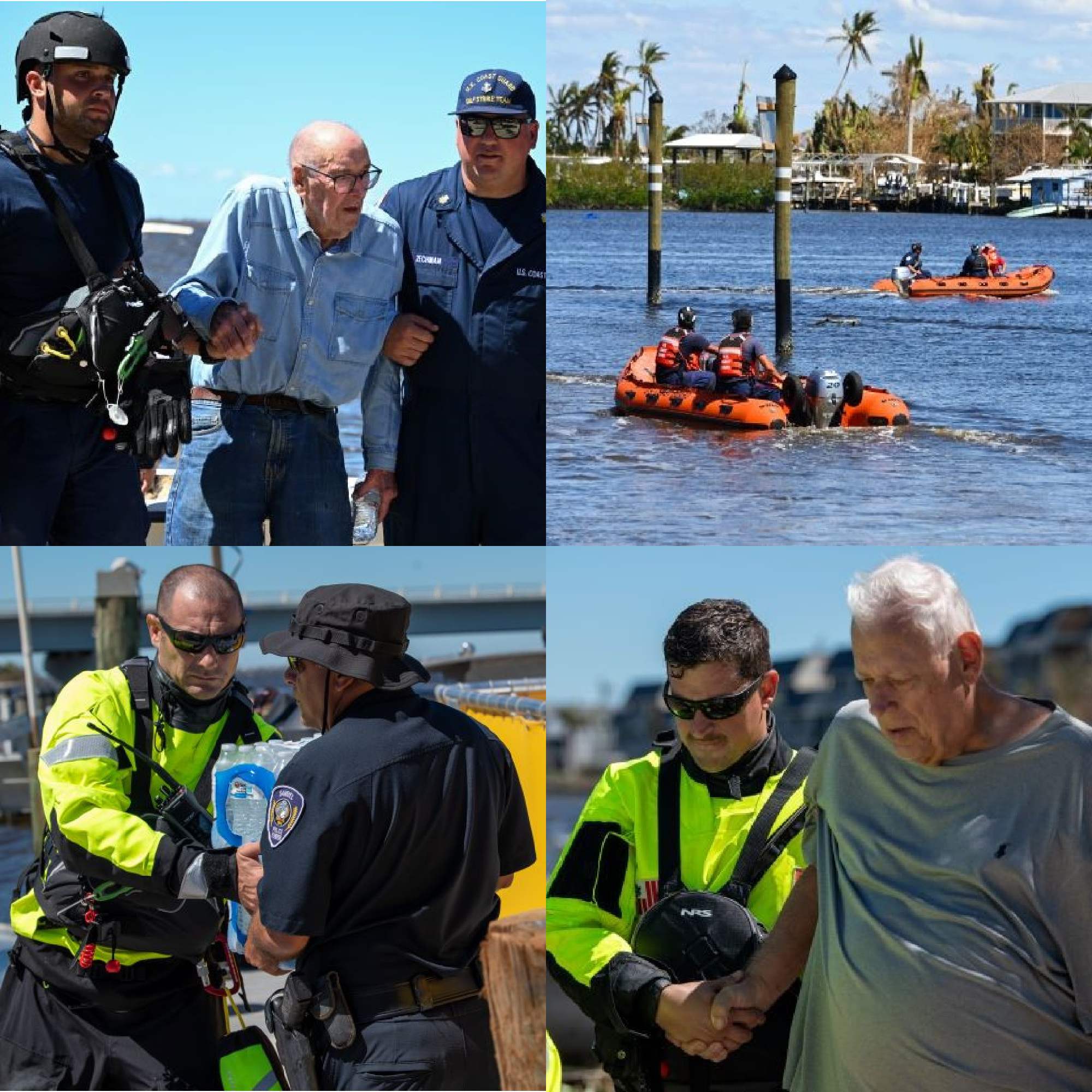 A collage of Coast Guard members assisting survivors from Hurricane Ian in September 2022.,