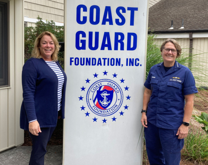 Coast Guard Foundation President Susan Ludwig with Admiral Linda Fagan, Coast Guard Commandant, at Coast Guard Foundation Headquarters in Stonington, Conn.
