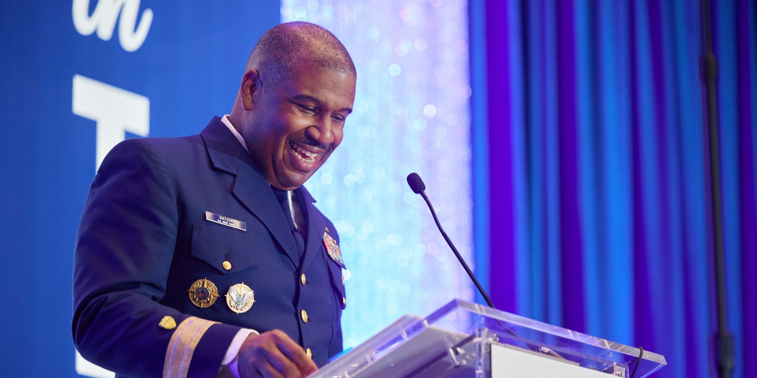 Rear Admiral Will Watson provides the keynote address at the 2025 Coast Guard Foundation Texas Salutes the Coast Guard event held in Houston on November 18, 2025.