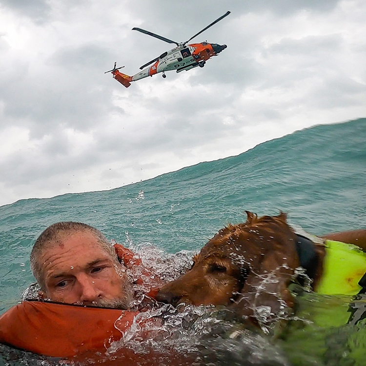 a man and dog in the water