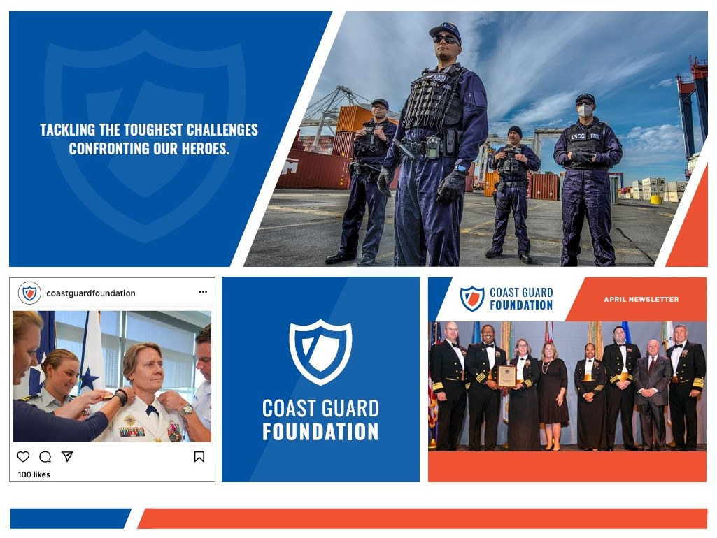Examples of the Coast Guard Foundation logo in a variety of formats and uses.